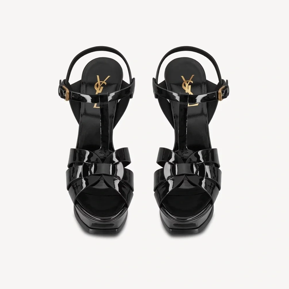 Yves Saint Laurent Women's Tribute Black Patent T-Strap Platform Sandals - Picture 3 of 17